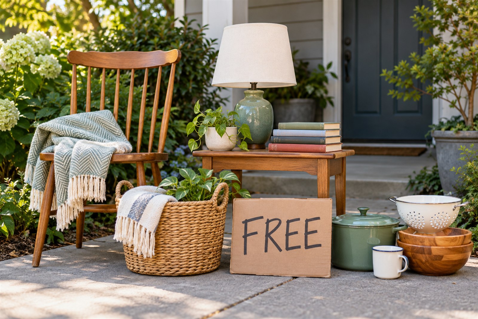 Clean household items offered free to neighbors on a residential porch