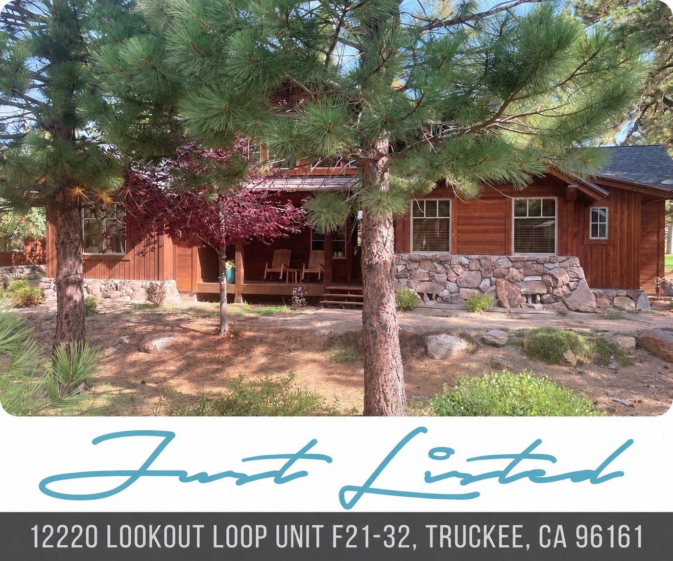 Wood-and-stone cabin among pine trees at 12220 Lookout Loop in Truckee