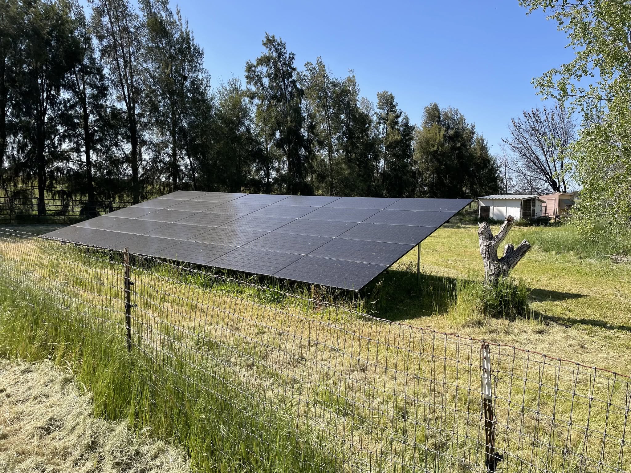 A ground-mounted solar panel array in a grassy area beside trees, from Iben’s original post